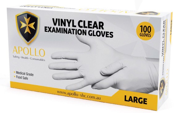 Apollo Vinyl Clear Powder free Examination Gloves TGA Listed Non Sterile