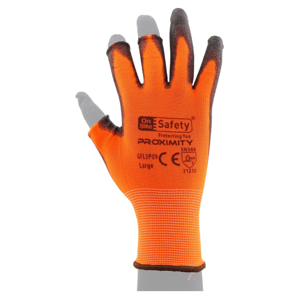 Proximity Semi Fingerless Orange Gloves, Dark Grey PU Palm, EN388:3121