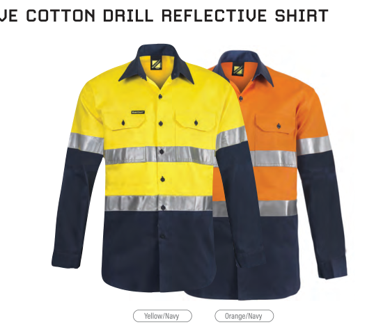 Hi Vis Two Tone Long Sleeve Cotton Drill Reflective Shirt